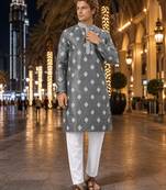 Grey embroidered silk straight kurta