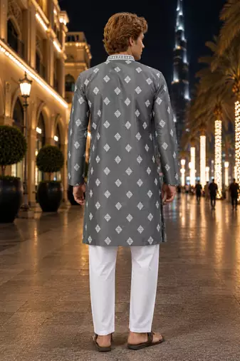 Grey embroidered silk straight kurta