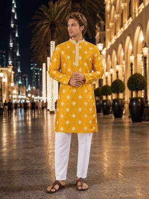 Yellow embroidered silk straight kurta 1