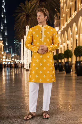 Yellow embroidered silk straight kurta