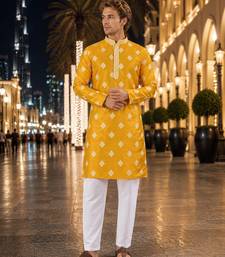 Yellow embroidered silk straight kurta