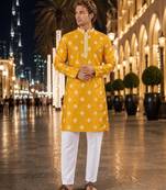 Yellow embroidered silk straight kurta