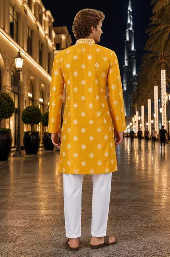 Yellow embroidered silk straight kurta