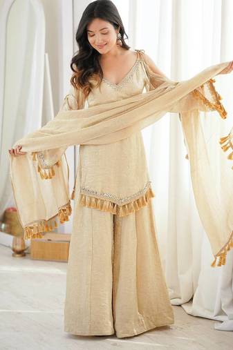 Beige mirror work lace border crush silk kurta palazzo set