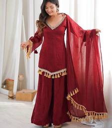 Red mirror work lace border crush silk kurta palazzo set
