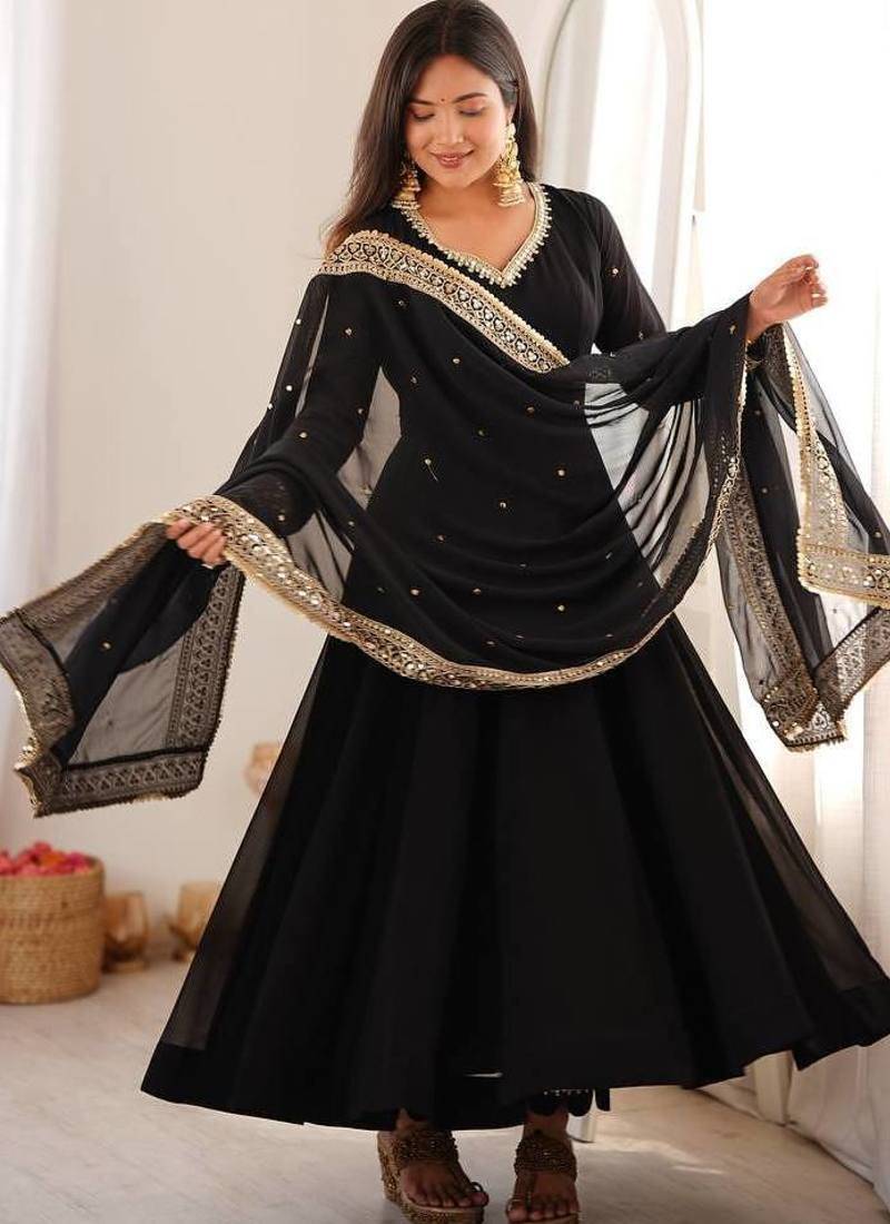Black sequins embroidered georgette anarkali with pant & dupatta