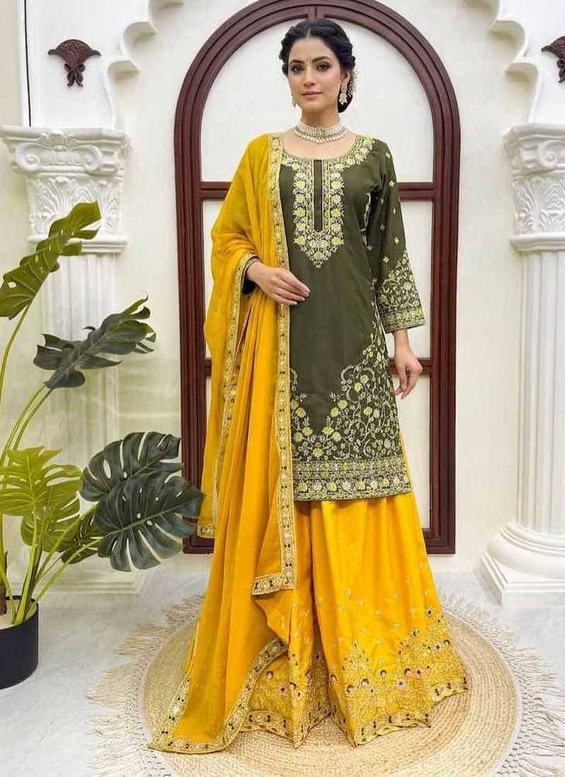 Olive green thread & sequins embroidered crepe kurti with palazzo & dupatta
