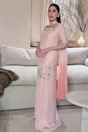 Onion pink moti & embroidery work roman silk kurta palazzo set