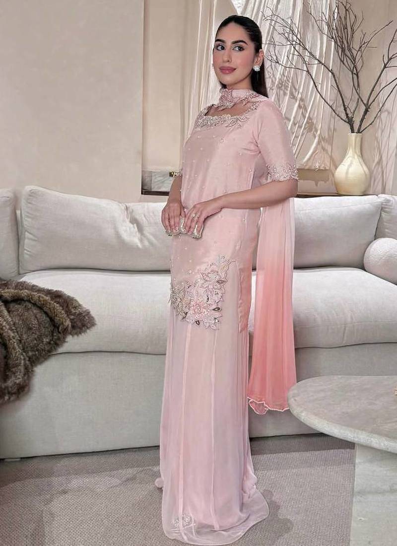 Onion pink moti & embroidery work roman silk kurta palazzo set