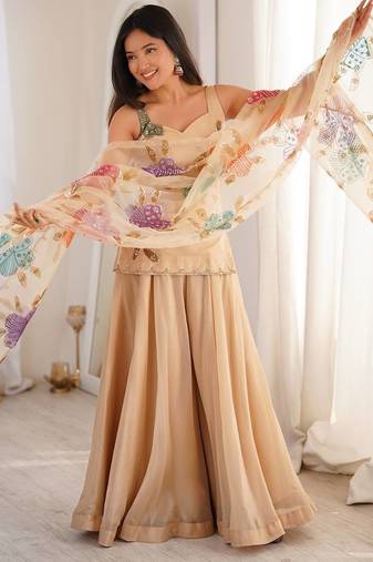 Cream printed & sequins work organza top with palazzo & dupatta