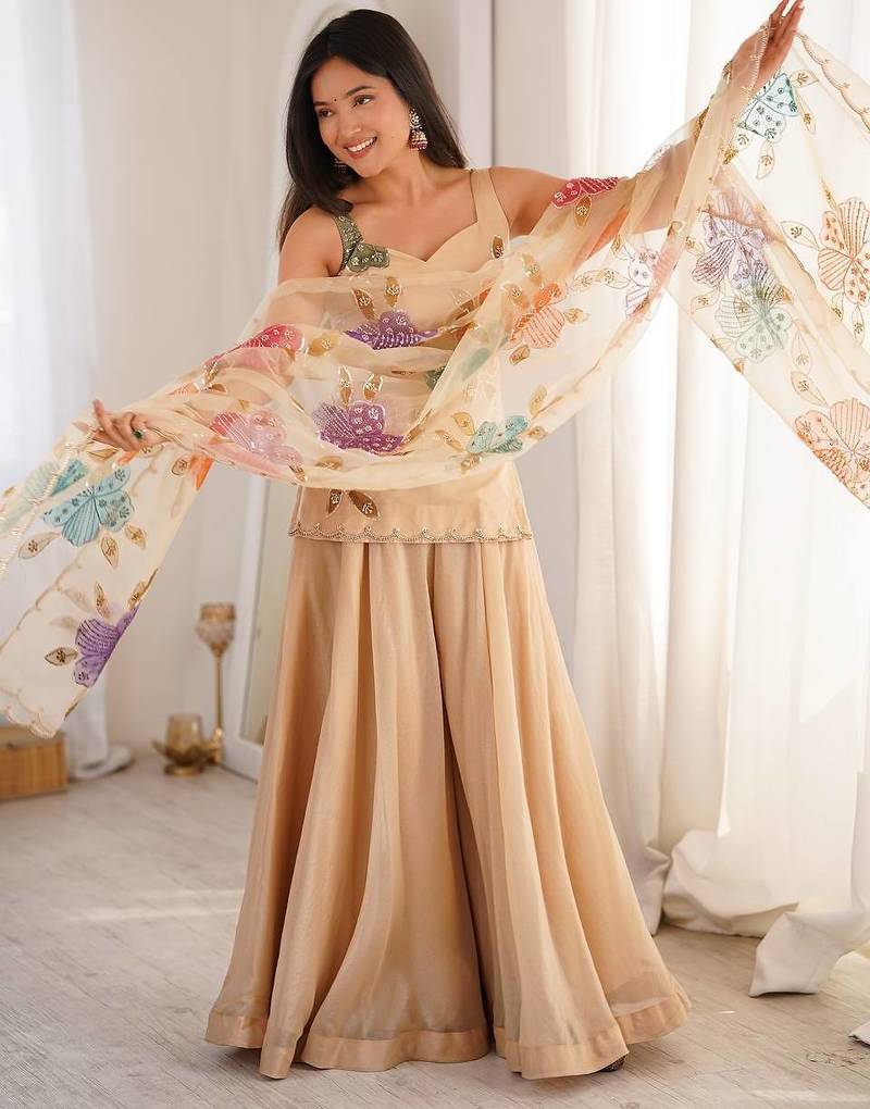 Cream printed & sequins work organza top with palazzo & dupatta