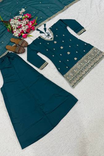 Teal blue sequins embroidery work roman silk kurta palazzo set