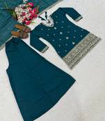 Teal blue sequins embroidery work roman silk kurta palazzo set