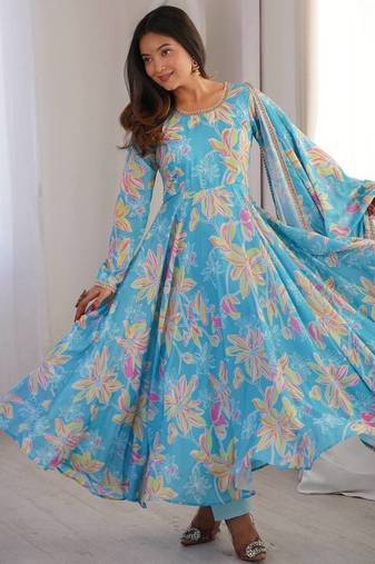 Sky blue printed muslin gown with pant & dupatta