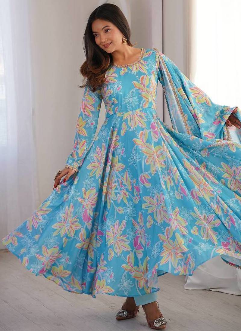 Sky blue printed muslin gown with pant & dupatta