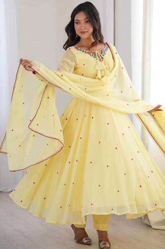 Butter yellow thread embroidered georgette anarkali set