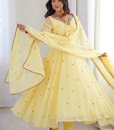 Butter yellow thread embroidered georgette anarkali set