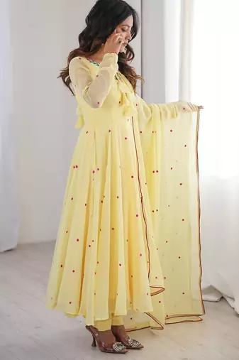 Butter yellow thread embroidered georgette anarkali set