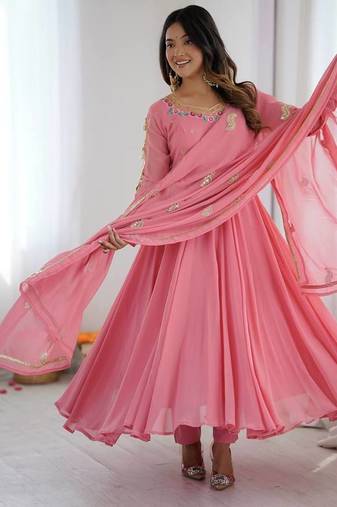 Pink sequins embroidery work georgette gown with pant & dupatta