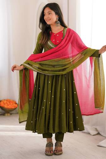Olive green designer sequins & mirror work roman silk anarkali set
