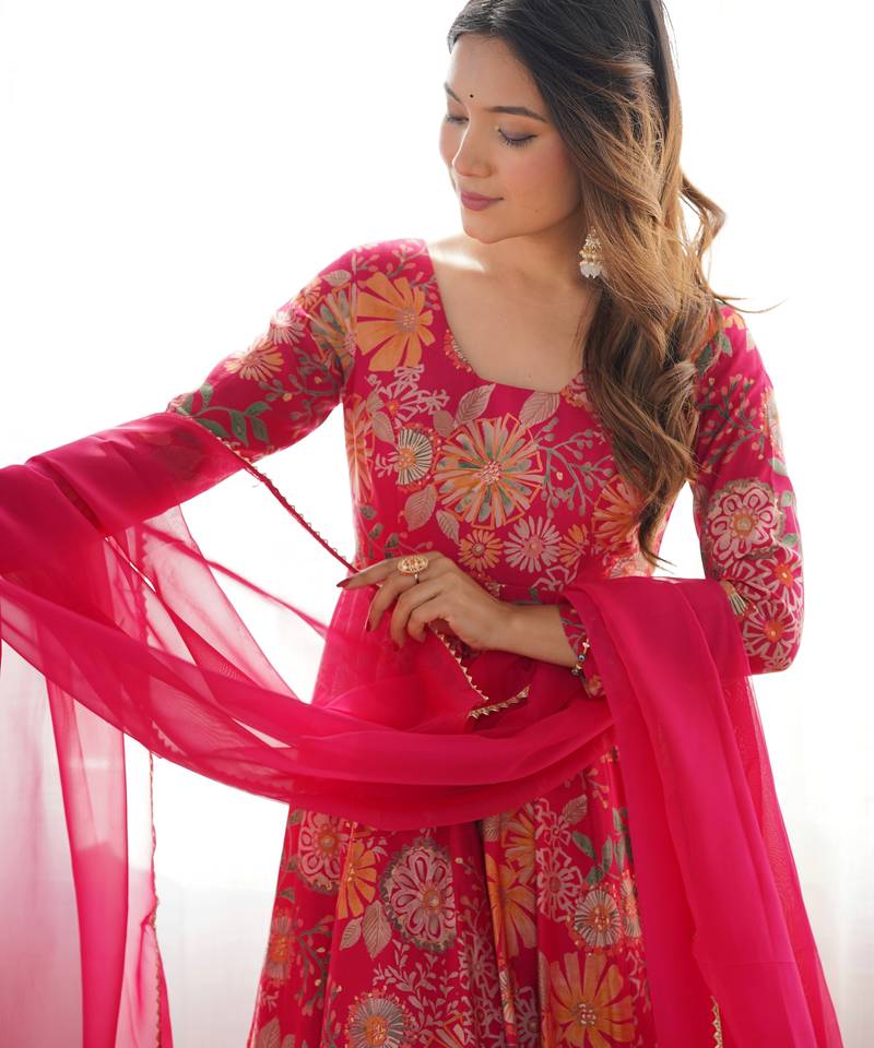 Rani pink floral printed chanderi kurta palazzo set