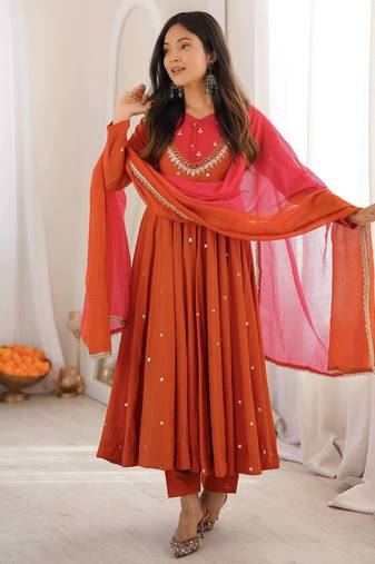 Rust orange designer sequins & mirror work roman silk anarkali set