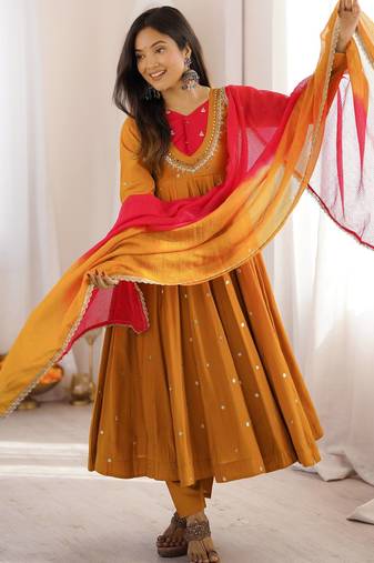Mustard yellow designer sequins & mirror work roman silk anarkali set