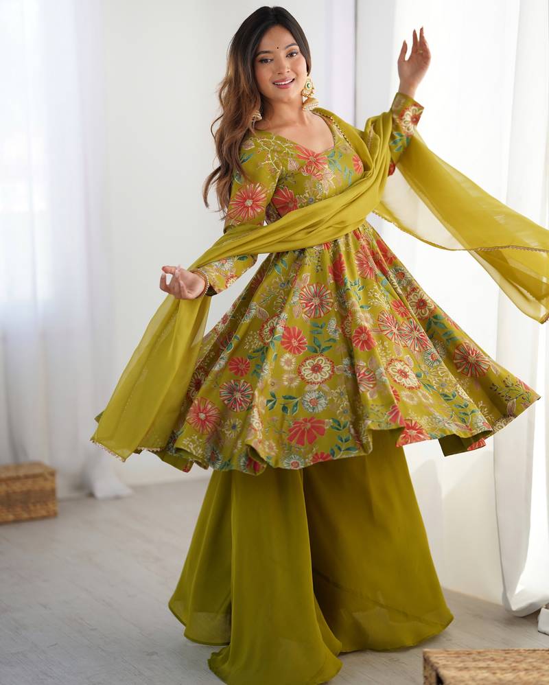 Green floral printed chanderi kurta palazzo set