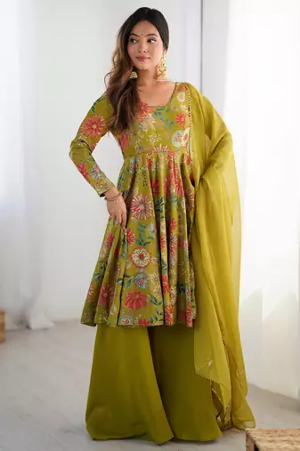 Green floral printed chanderi kurta palazzo set