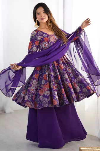 Purple floral printed chanderi kurta palazzo set