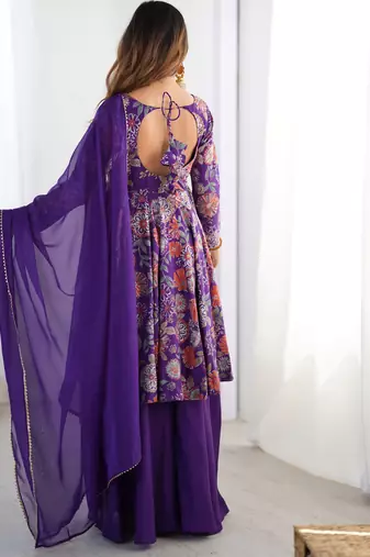 Purple floral printed chanderi kurta palazzo set