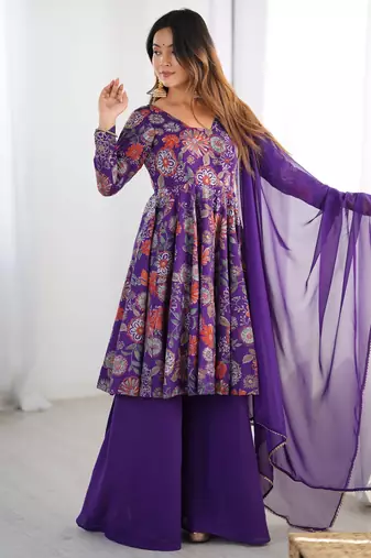Purple floral printed chanderi kurta palazzo set