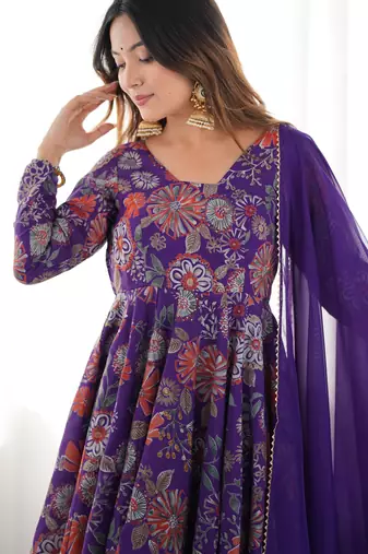 Purple floral printed chanderi kurta palazzo set