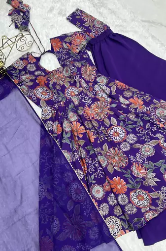 Purple floral printed chanderi kurta palazzo set