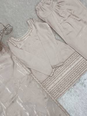 Cream embroidery & zari work roman silk kurta set with farshi salwar 3