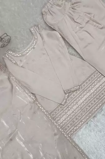 Cream embroidery & zari work roman silk kurta set with farshi salwar