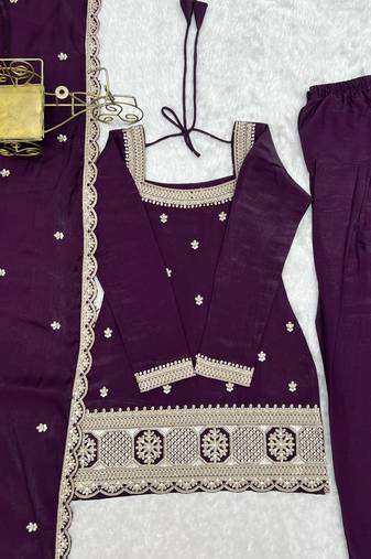 Purple embroidered roman silk kurta set with farshi salwar