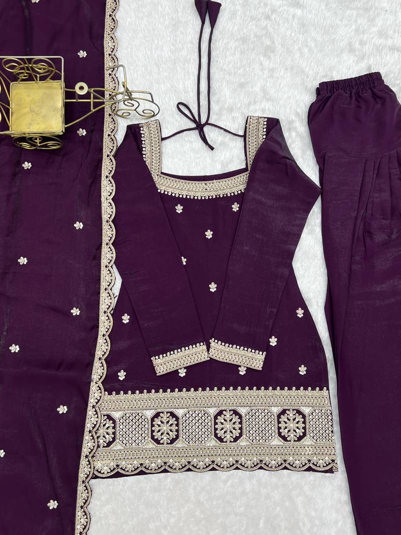 Purple embroidered roman silk kurta set with farshi salwar