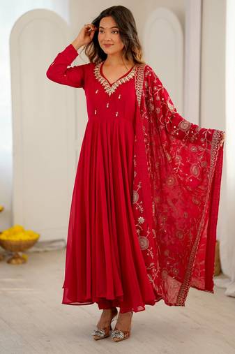 Red khatli & mirror work georgette gown set