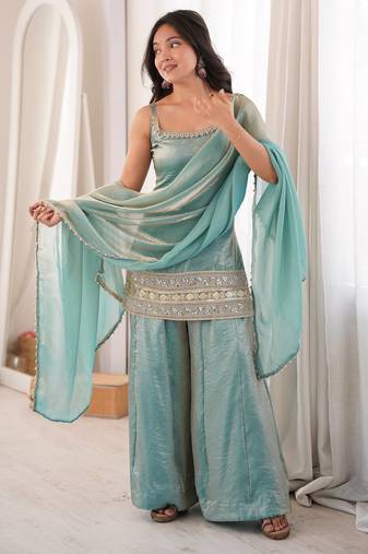 Sky blue sequins & mirror work crush silk kurta palazzo set