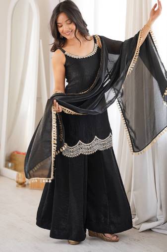 Black coding & mirror work fendy silk kurta palazzo set