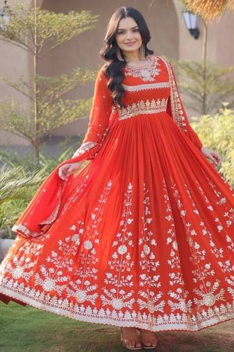 Orange sequins & zari embroidered georgette gown with dupatta