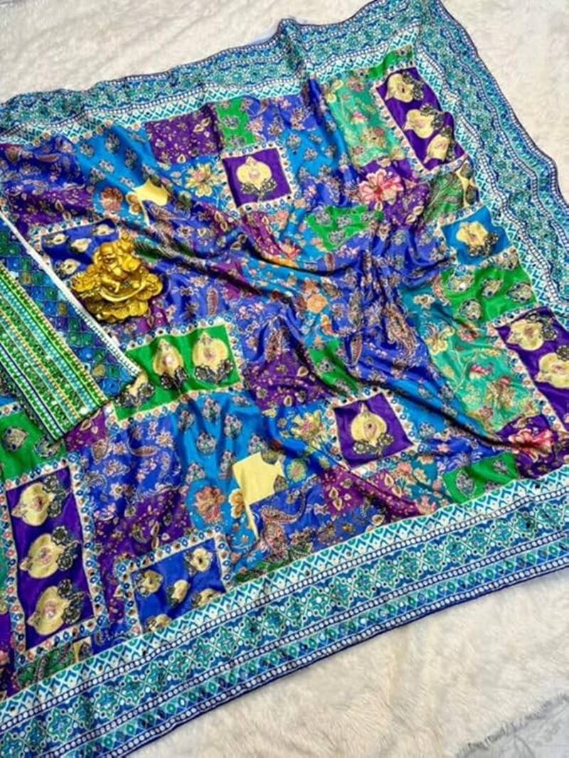 Multicolor chinon silk blendsaree with mirror work