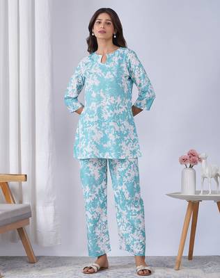 Sky blue rayon blend printed co-ord set 1