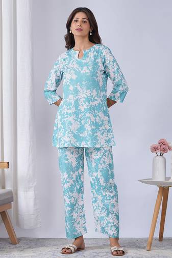 Sky blue rayon blend printed co-ord set