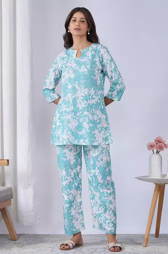 Sky blue color rayon blend designer printed co-ord set for fancy girlie looks