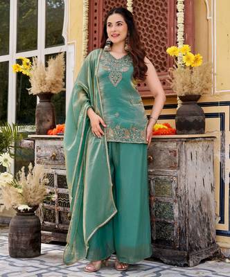 Sea green smart and fendy satin graceful ethnic wear 1