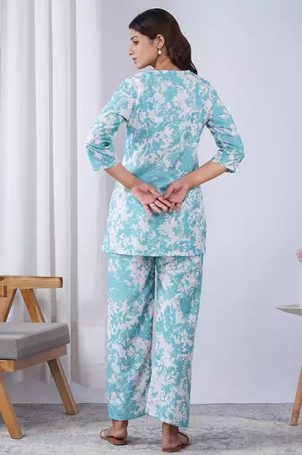 Sky blue color rayon blend designer printed co-ord set for fancy girlie looks