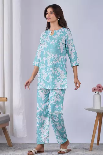 Sky blue color rayon blend designer printed co-ord set for fancy girlie looks