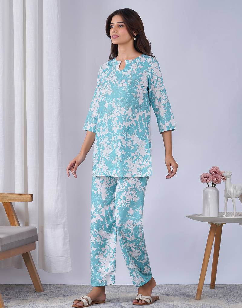 Sky blue rayon blend printed co-ord set